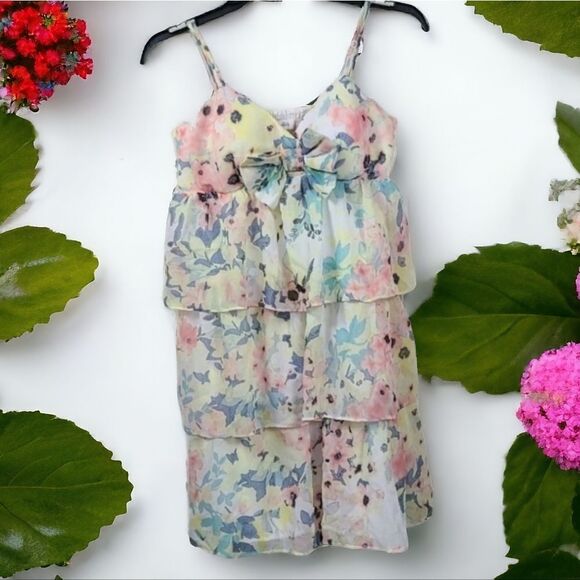 Candie’s Watercolor Bow Tiered Chiffon Babydoll Mini Dress Juniors L Sleeveless - Picture 2 of 12